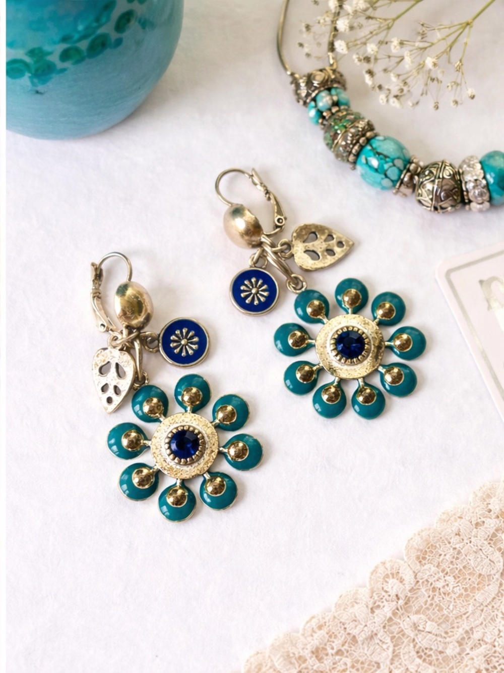 Boho Teal Flower Dangle Earrings European Artisan Style